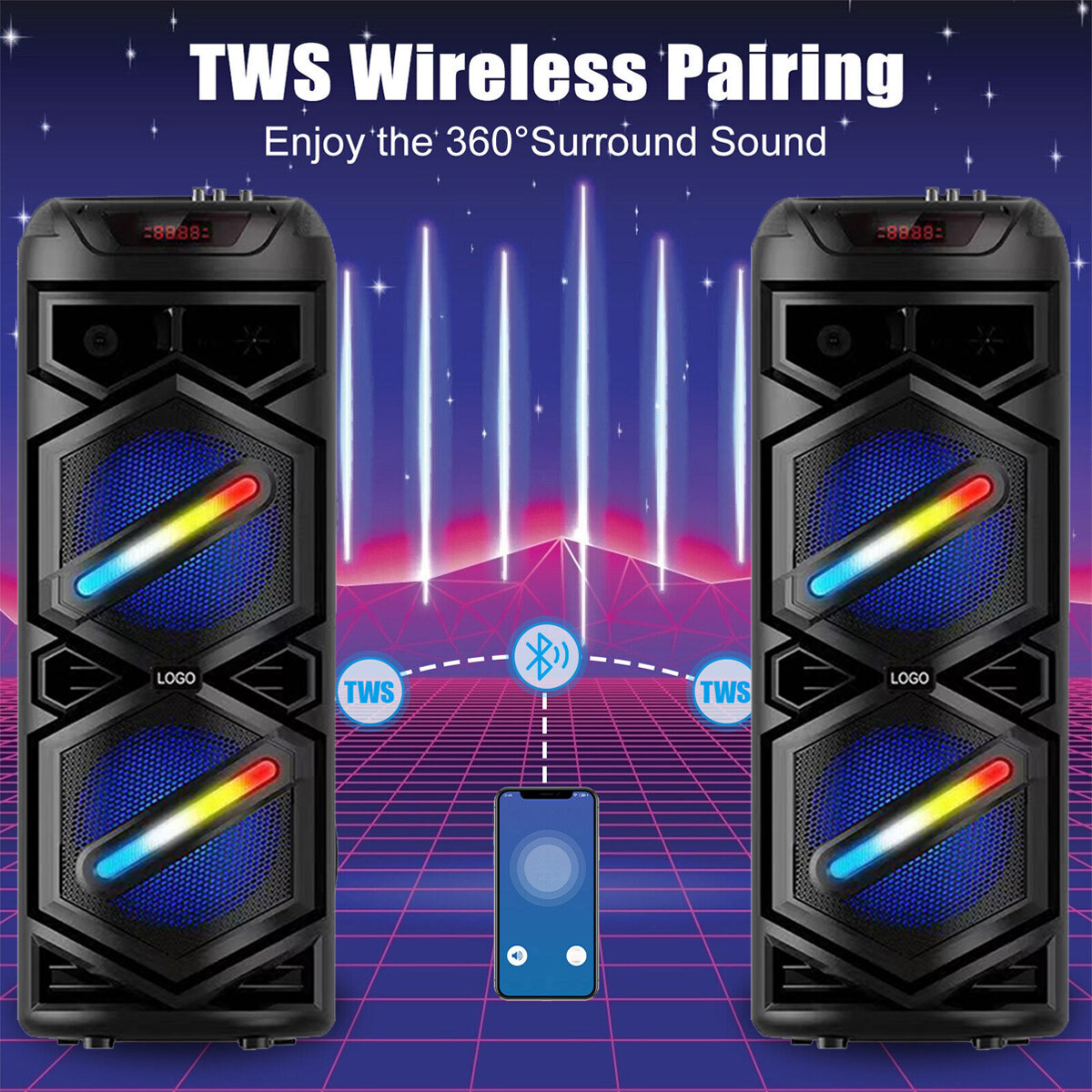 6000W Portable Bluetooth Speaker Dual Sub woofer Heavy Bass Sound System Party