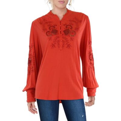 Lucky Brand Womens Red Cotton Blend Embroidered Crochet Blouse XL BHFO 5410