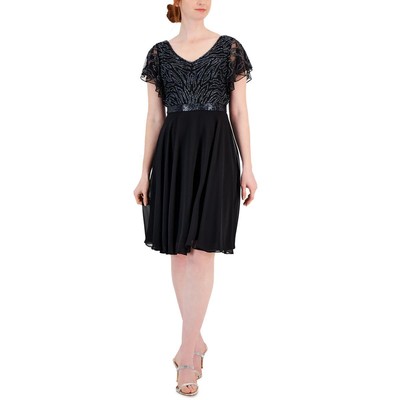 Женское коктейльное и вечернее платье JKara длиной до колена с темно-синими украшениями 6 BHFO 0374