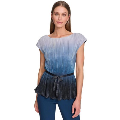DKNY Womens Ombre Cap Sleeves Belted Peplum Top Shirt BHFO 3375