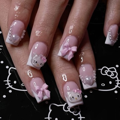 Get Glamorous with 24pcs Short Square Nails Sanrio Cartoon Cute 3D Hello Kitty H