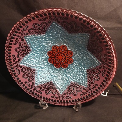 Efe Glass Teal Dark Purple Silver Reverse Painted Bowl Made in Turkey Goofus