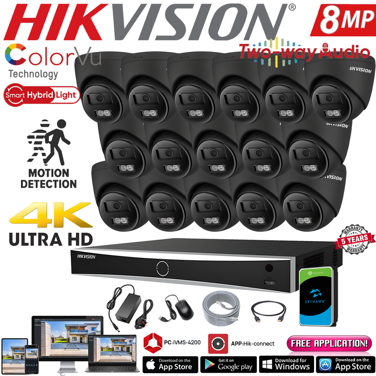 HIKVISION 8MP 4K IP POE NVR SMART LIGHT COLORVU 2-WAY AUDIO OUTDOOR CCTV KIT