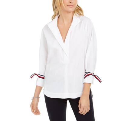 

Tommy Hilfiger Женская белая блузка с завязками на рукавах и разрезом на шее, верхняя рубашка  BHFO 8952, Белый