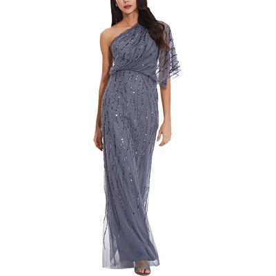 Adrianna Papell Womens Blue Sequined One Shoulder Formal Dress Gown 4 BHFO 9568