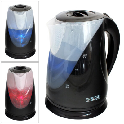 Black Electric Kettle Cordless 1.7Ltr 2200W Dual LED Blue Red Voche -3 Year Warr