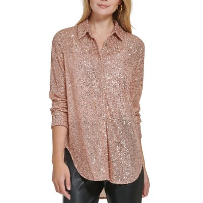 Женская розовая блузка с воротником и застежкой на кнопках Calvin Klein, расшитая блестками, S BHFO 6909