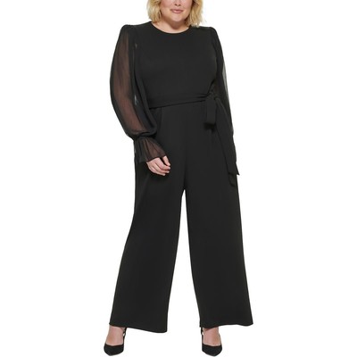Женский черный комбинезон с прозрачными рукавами и поясом Calvin Klein Plus 22W BHFO 5563