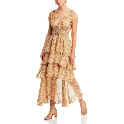 Длинное свадебное макси-платье ASTR the Label Womens Kali желтого цвета с ярусами, L BHFO 9504