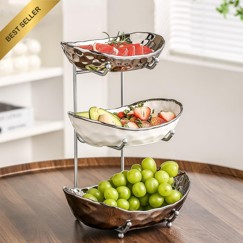 Fruit Bowl Basket, 3 Tier Fruit Bowl with Metal Stand for Kitchen Counter, Ceram