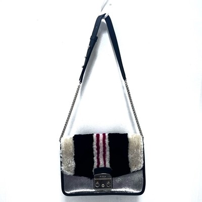 Auth FURLA Metropolis - Silver Black Multi Leather Fur Shoulder Bag