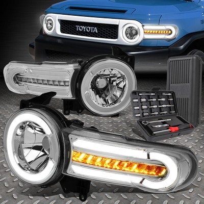 ДЛЯ 07-14 TOYOTA FJ LED DRL ХРОМИРОВАННЫЕ/ПРОЗРАЧНЫЕ ПОСЛЕДОВАТЕЛЬНЫЕ ЛАМПЫ ФАР + НАБОР ИНСТРУМЕНТОВ