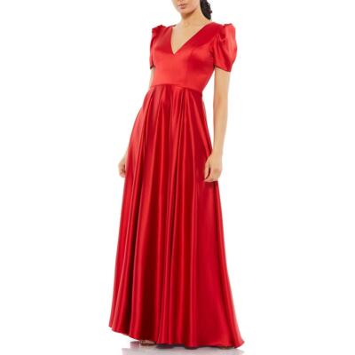 Pre-owned Mac Duggal Ieena For  Womens Satin Puff Sleeve Evening Dress Gown Bhfo 7446 In Red