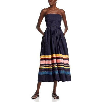 A.L.C. Womens Tate Navy Printed Ruched Strapless Midi Dress 2 BHFO 4832