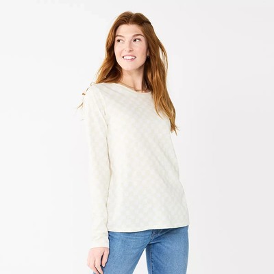 Sonoma Women's Top 2XL Long Sleeve Lightweight Cream Crew Neck Tee Layer New
