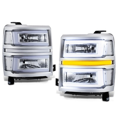 For 14-15 Silverado 1500 C-Shape LED DRL Sequential Turn Headlights Chrome/Clear