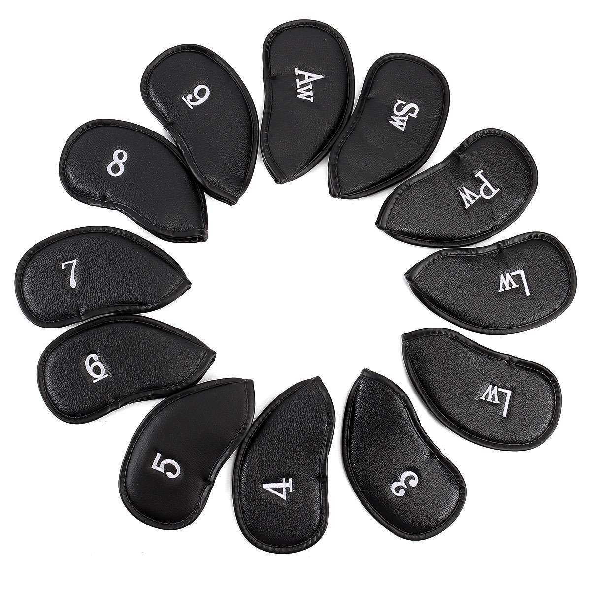 12PCS Thick PU Leather Head Covers Iron Golf Club Headcovers Putter Black Set
