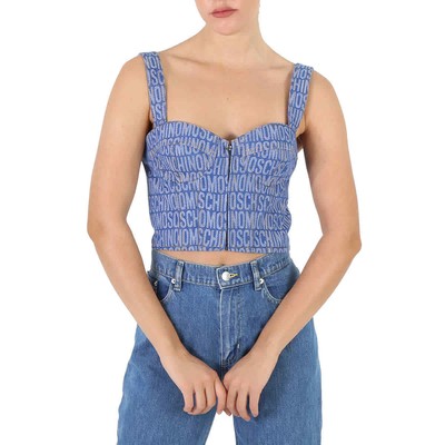 Pre-owned Moschino Ladies Fantasy Print Blue Monogram Denim Cropped Top In Multicolor