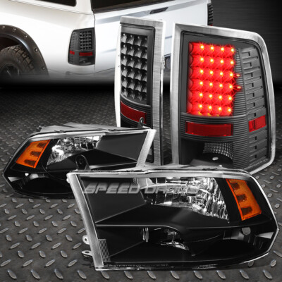 ЧЕРНЫЙ КОРПУС, ЯНТАРНАЯ БОКОВАЯ ЧЕТЫРЕХЪЯДЕРНАЯ ФАРА + СВЕТОДИОДНЫЙ ЧЕРНЫЙ ЗАДНИЙ ФОНАРЬ ДЛЯ 10-17 DODGE RAM