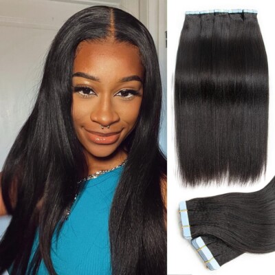 Tape in Hair Extensions for Black Women Light Yaki 20 Inch 50g Per Set Black