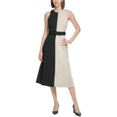 Женское черное платье миди до середины икры в цветоблок с поясом Calvin Klein 4 BHFO 7002