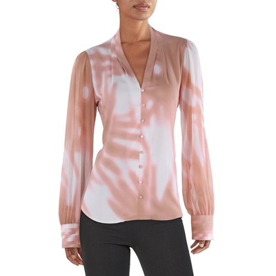 Calvin Klein Womens Pink V Neck Tie Dye Blouse Pullover Top Shirt M BHFO 0435
