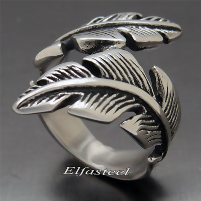 Silver Feather Solid 316L Stainless Steel Wedding Band Ring 