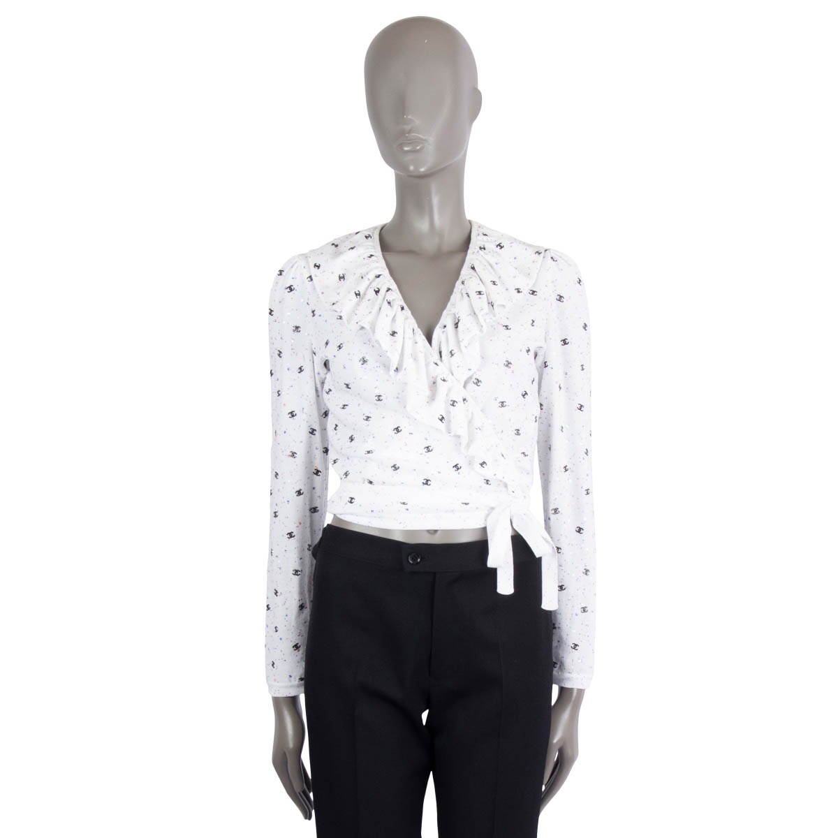 67888 auth CHANEL white cotton 2020 20S SEQUIN WRAP Cardigan