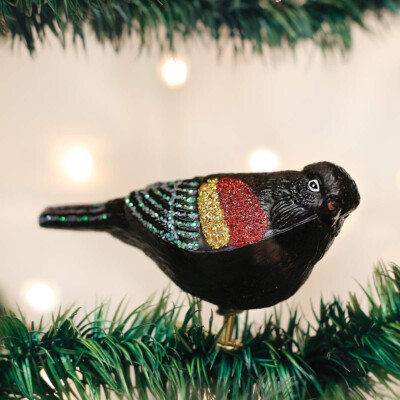OLD WORLD CHRISTMAS RED-WINGED BLACKBIRD CLIP-ON GLASS CHRISTMAS ORNAMENT 18132