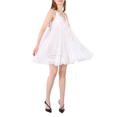 Pre-owned Burberry Ladies Optic White Fishnet And Lace Pleated Dress With Silk Slip, Brand
