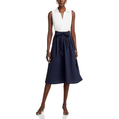 T Tahari Womens Navy Midi Belted A-Line Fit & Flare Dress 10 BHFO 1251