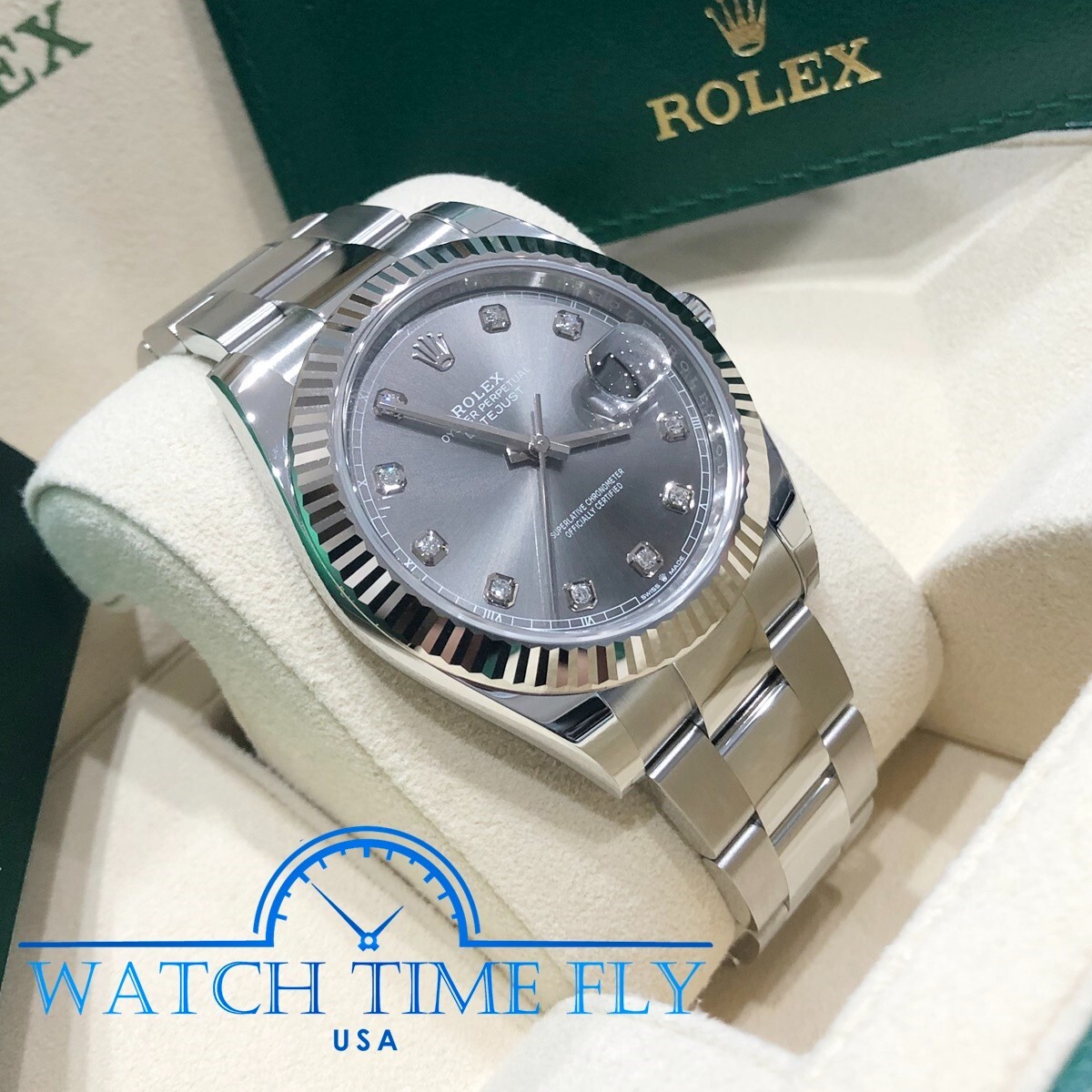 Pre-owned Rolex 126334 Datejust 41mm Fluted Bezel Rhodium Diamond Dial Oyster Bracelet