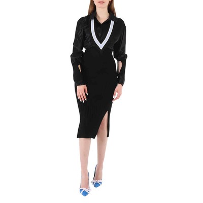 Pre-owned Burberry Ladies Black V-striped Insert Knit Wool Dress, Brand Size 4 (us Size 2)