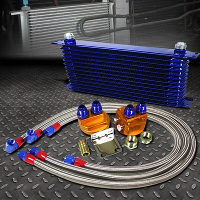 BLUE 13 ROW 10AN ENGINE/TRANSMISSION OIL COOLER W/SILVER FILTER RELOCATION KIT