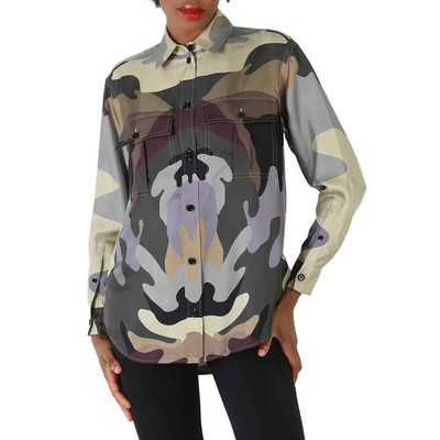 Pre-owned Burberry Ladies Ferne Camouflage Print Oversized Silk Shirt In Green