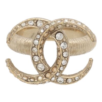 CHANEL Ring Gold Plated Rhinestone CC Logo Coco EU 52 / US 6