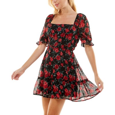 Женское мини-платье Trixxi Emma черного цвета с цветочным принтом и расклешенными рукавами для юниорок XXS BHFO 7158