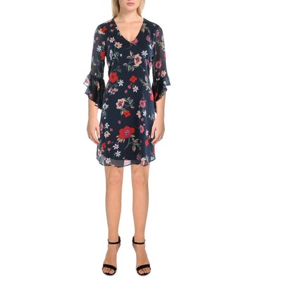Женское темно-синее мини-платье Calvin Klein с цветочным принтом и V-образным вырезом 4 BHFO 5795