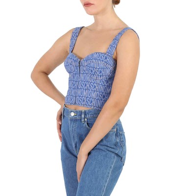 Pre-owned Moschino Ladies Fantasy Print Blue Monogram Denim Cropped Top In Multicolor