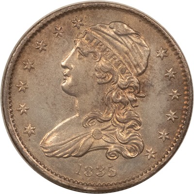 1835 CAPPED BUST QUARTER - UNCIRCULATED, SEMI-PROOFLIKE OLD CLEANING, NICE LOOK!