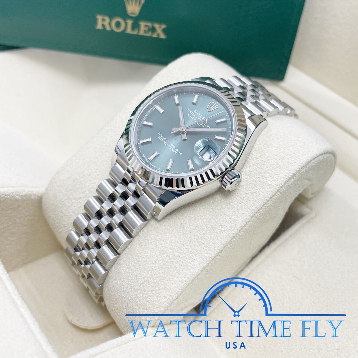 Pre-owned Rolex 278274 Datejust 31mm Steel And White Gold Fluted Bezel Mint Green Dial