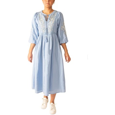 Черная лента - женское синее миди-платье с вышивкой на шее и галстуком-бабочкой XS BHFO 7112