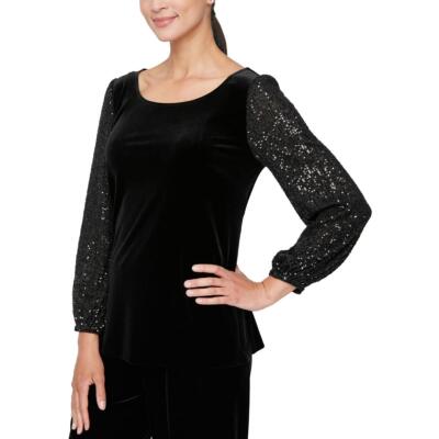 Alex Evenings Женская черная бархатная блузка-рубашка с блестками M BHFO 7443