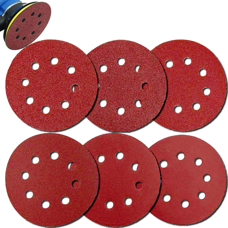 66Pcs 5 inch 8 Holes Sanding Discs 40/60/ 80/120/ 180/240 Grit Round Sandpaper A