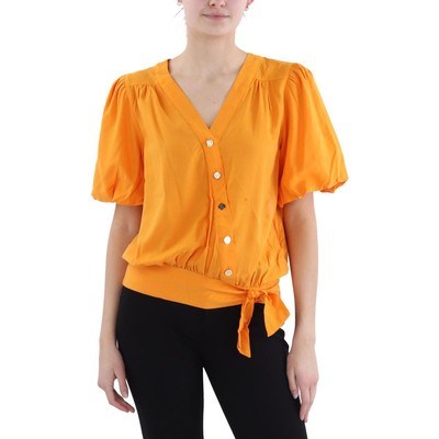 Karl Lagerfeld Paris Womens Orange Smocked Blouse Button-Down Top S BHFO 8760