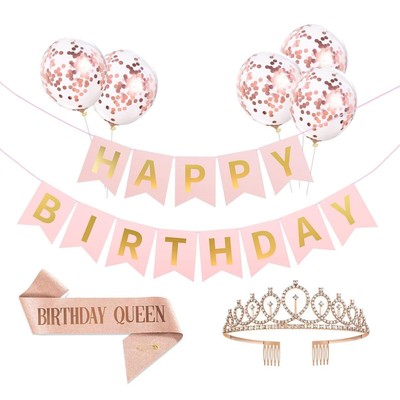 21Pieces Happy Birthday Banner Birthday Crown Queen Sash Glitter Balloons Bir...