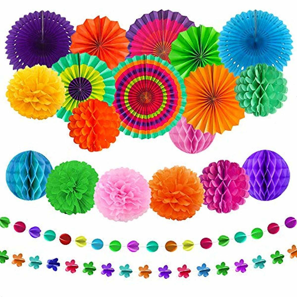 Aovowog 21pcs Party Decorations Set Hanging Paper Fans Pom Poms