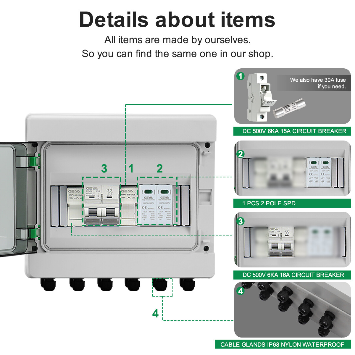 Solar PV Combiner Box Plastic 15A 1string 550VDC Circuit Breaker for Solar Panel
