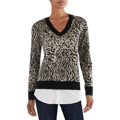 Calvin Klein Womens Beige Layered Animal Print Pullover Sweater Top XS BHFO 5927