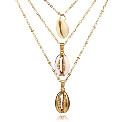 EMPIRE LADIES SHELL NECKLACE COWRY SHELL 3ER CHAIN 750 GOLD 18K GOLD PLATED A3314
